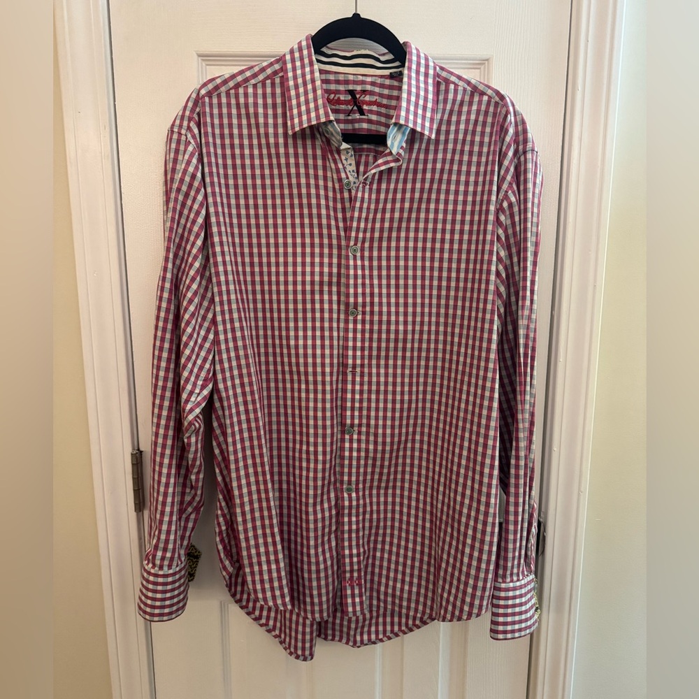 ROBERT GRAHAM Checkered Shirt Floral Accents 100% Cotton Size XL LIKE NEW
